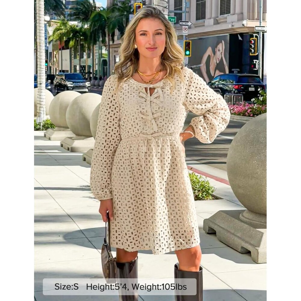 Women's Long Sleeve Mini Dress Viscose Fall Casual Tie Front Eyelet - Picture 6 of 7